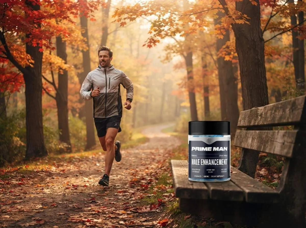 A runner on a forest trail in autumn with a jar of gummies on a bench in the foreground