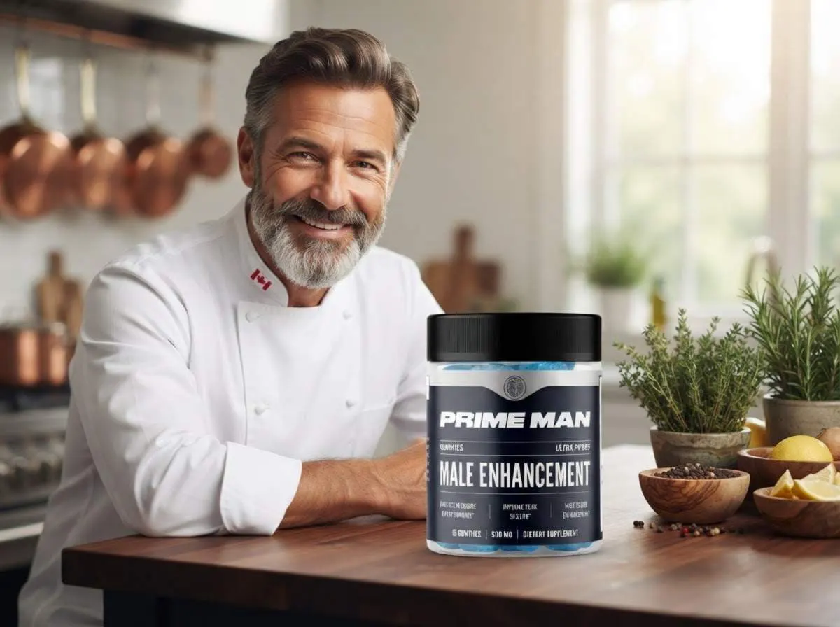 A chef in whites in a professional kitchen with a jar of PRIME MAN Gummies on the counter