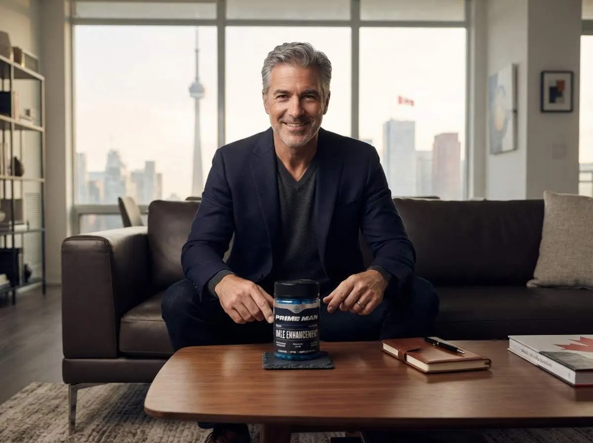 A man in a dark blazer seated in a city loft with a skyline view behind him