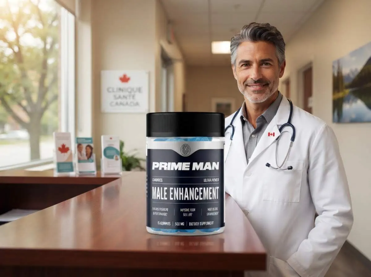 A health professional standing behind a clinic reception counter in Canada