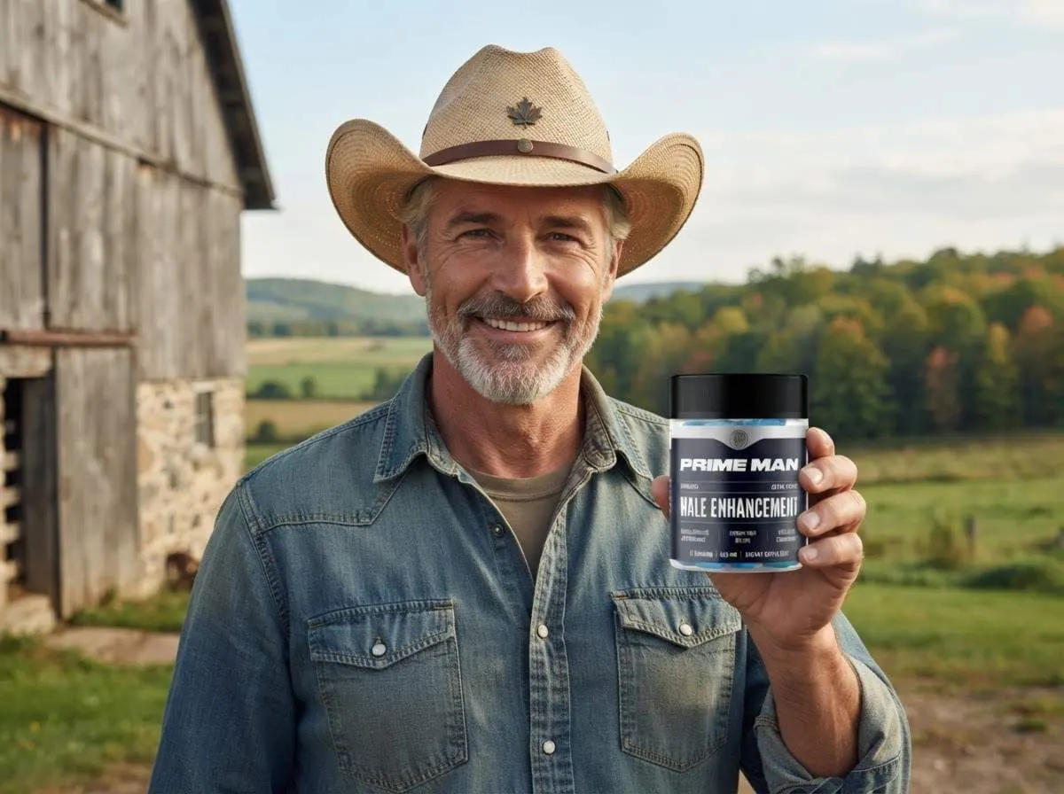 A farmer in a denim jacket and hat in front of a weathered barn, holding a jar of gummies