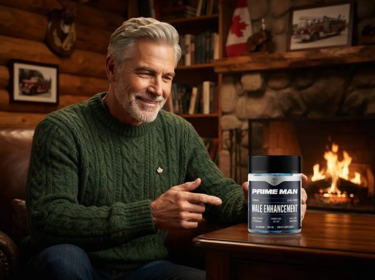 A grey-haired man in a green sweater by a fireplace pointing at a jar of gummies