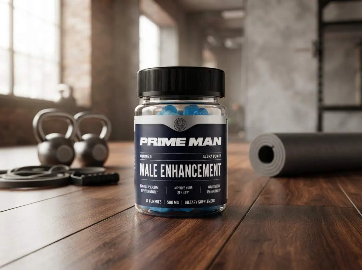 A jar of PRIME MAN Gummies on a gym floor beside kettlebells and a foam roller