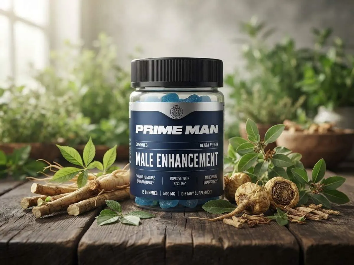 A jar of PRIME MAN Gummies on a wooden board beside dried roots and green herbs