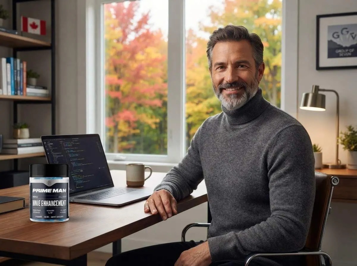 A man at a home office desk with a laptop and autumn trees through the window
