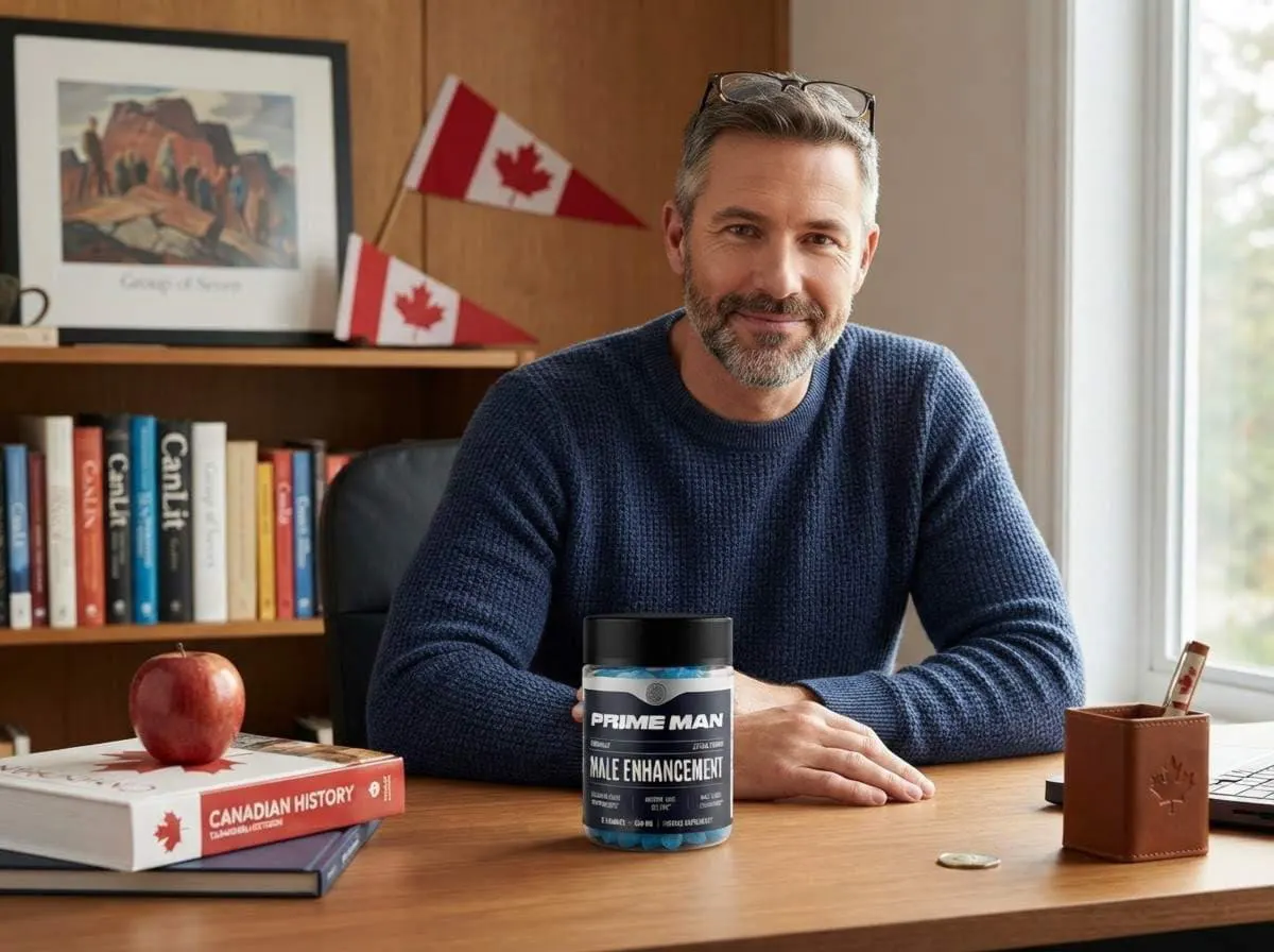 A man at a home desk with a Canadian flag and books behind him