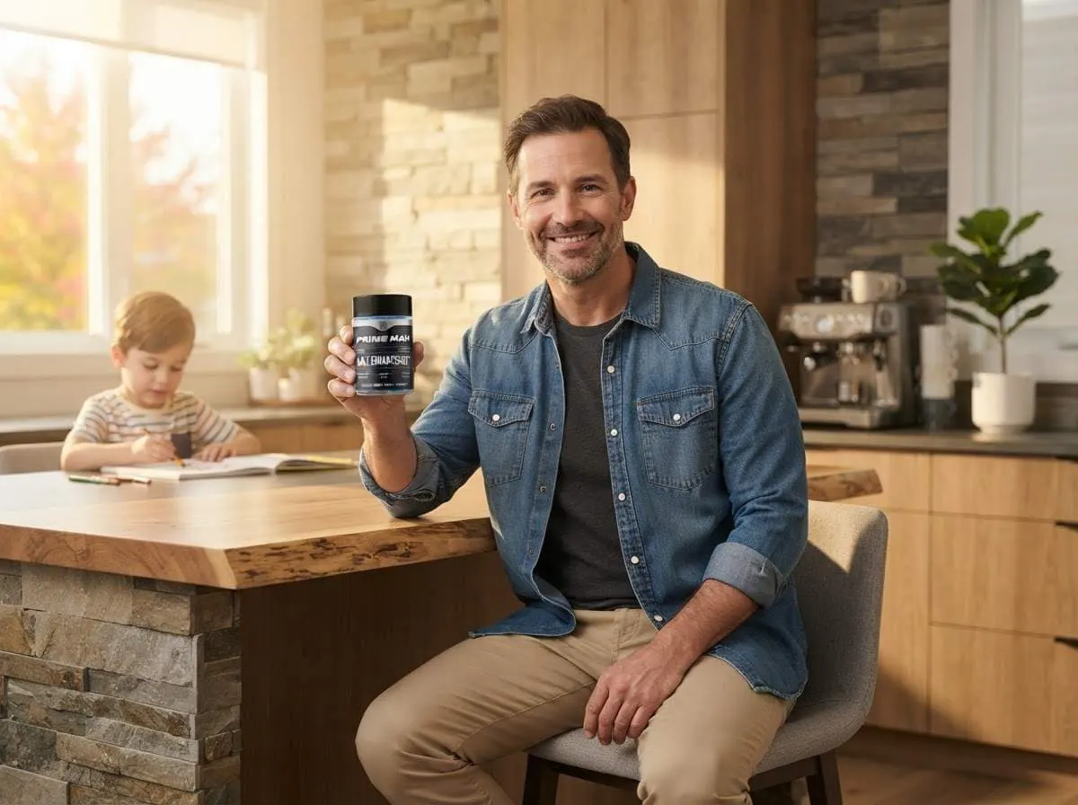 A father in a kitchen holding a jar of gummies while a child draws at the table behind him