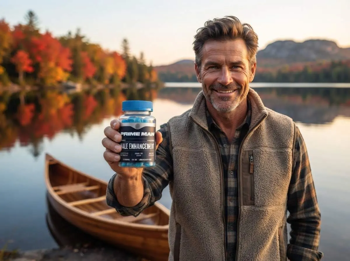 A man in a fleece holding up a jar of gummies beside a canoe on a still autumn lake