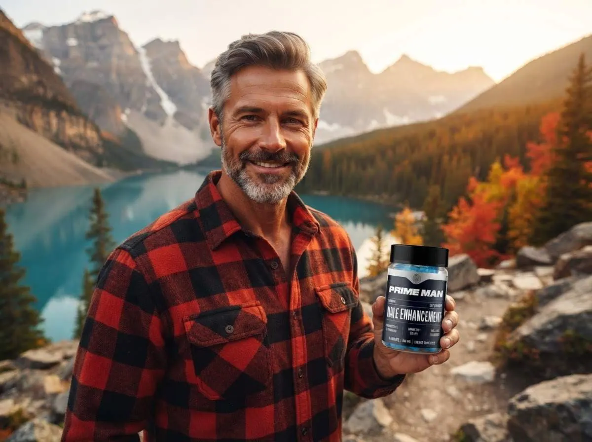 A man in a plaid shirt holding a jar of PRIME MAN Gummies beside a turquoise mountain lake