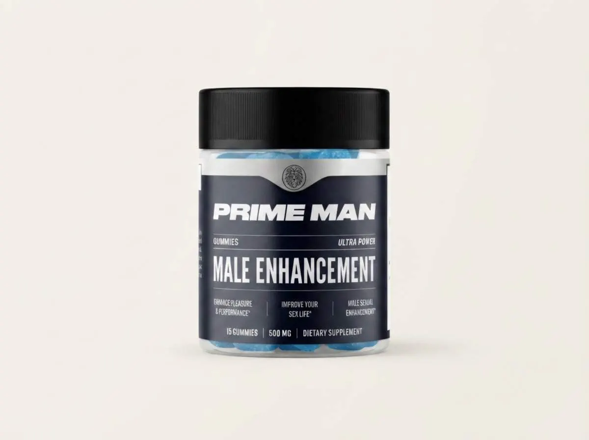 A studio photograph of the PRIME MAN Gummies jar against a plain white background