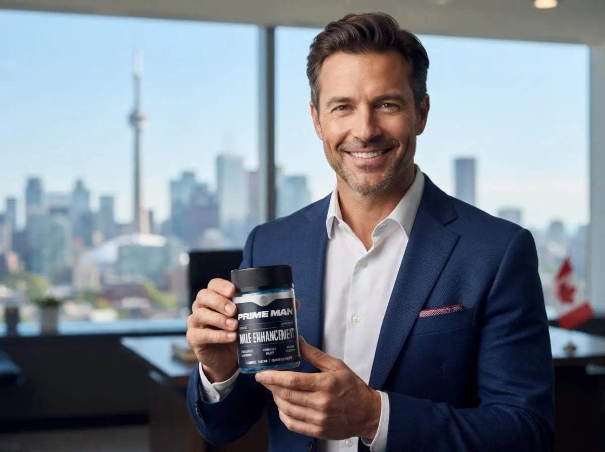 A man in a blazer in a Toronto office with the CN Tower visible through the window