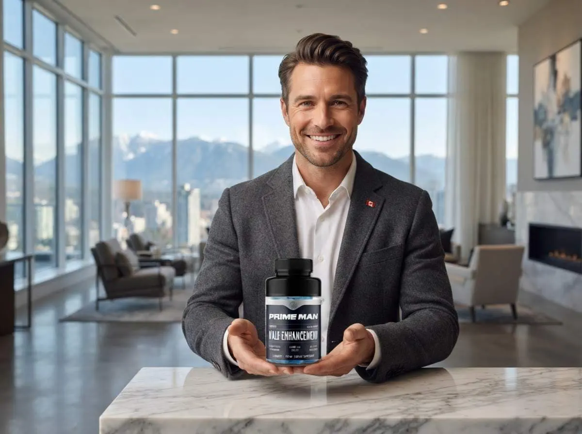 A man in a grey blazer in a Vancouver apartment with mountains through the window