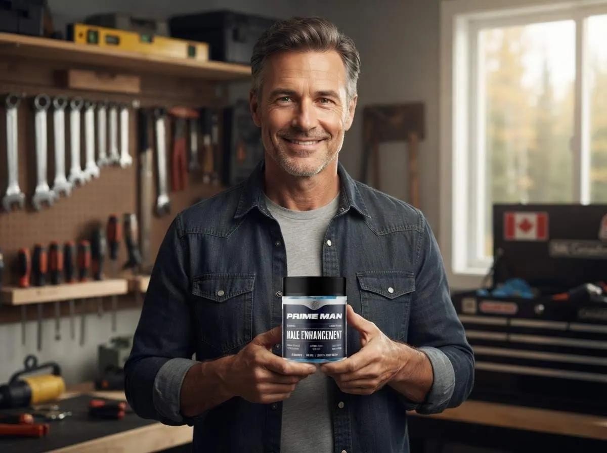 A man in a denim shirt in a home workshop, holding a jar of PRIME MAN Gummies